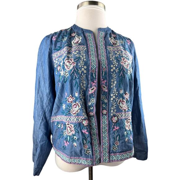 NWT J. Jill Embroidered Indigo Open Front Jacket Floral Blue Women's Size Large - Picture 2 of 14